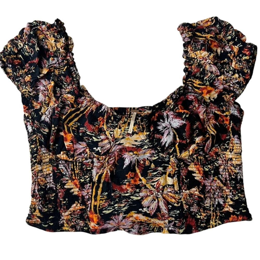 Free People Floral Print Crop Top Smocked Detailing Women Size Large